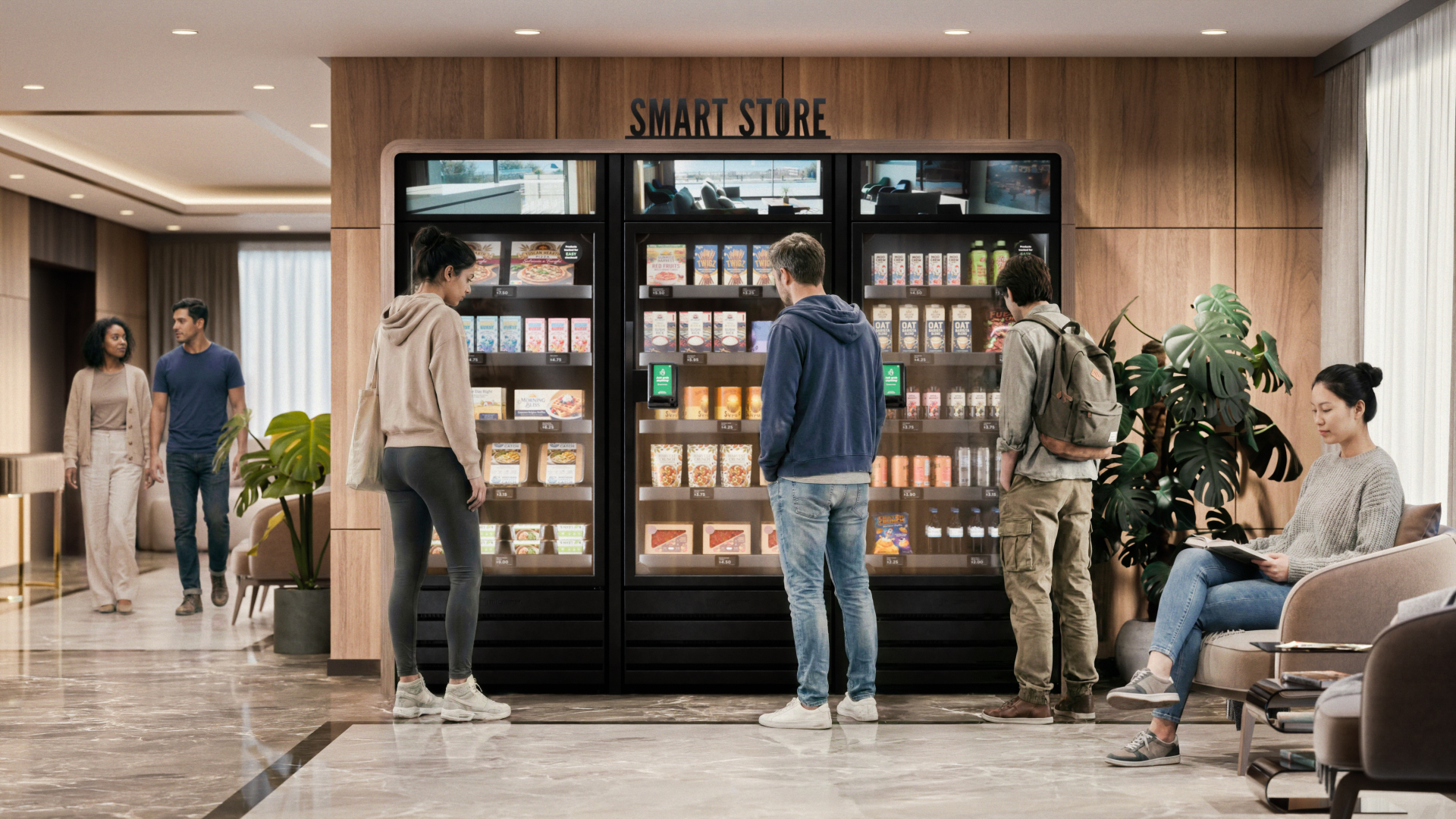 Smart micro market store with people browsing fresh food and snacks in a modern lobby